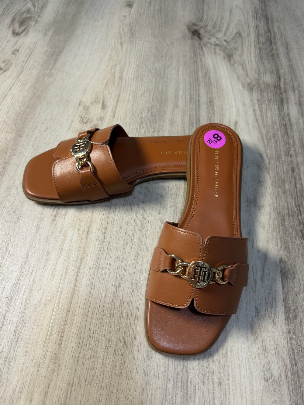 Tommy Hilfiger Brown Leather Chain-Accent Slide Sandals